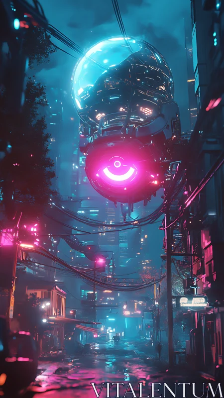 Surveillance drone sphere over neon drenched cyberpunk alleyway
