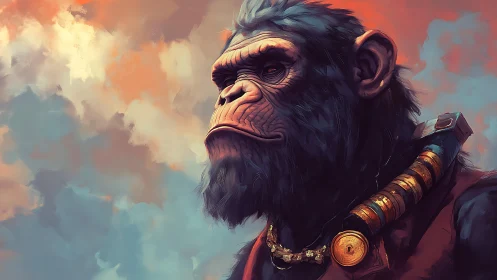 Simian portrait with ornamental harness against cloudy sky.