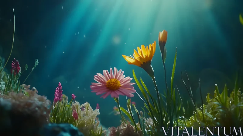 Sunlit wildflowers in soft underwater-style lighting.