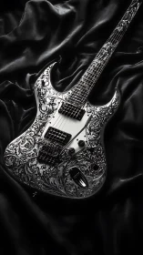Engraved electric guitar rests on black satin fabric.
