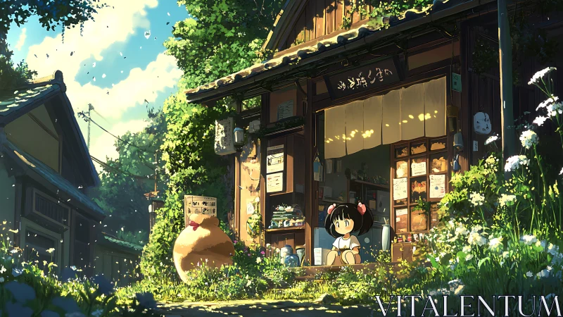 Young girl outside quiet rural Japanese corner shop.