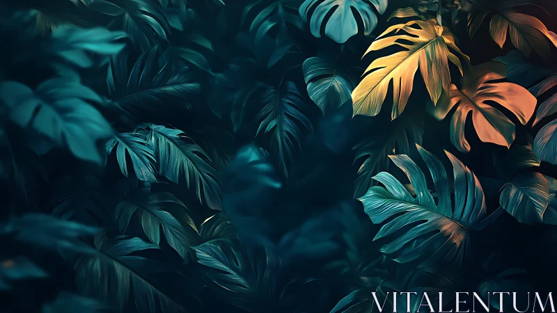 Tropical foliage shows teal shadows with isolated warm highlights