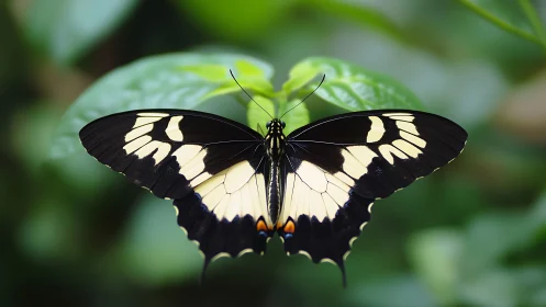 Black and cream butterfly resting on green foliage.