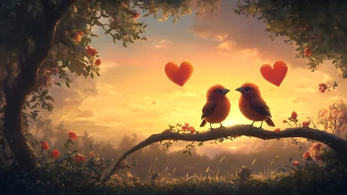 Two Red Birds on Branch with Heart Symbols Against Golden Sunset