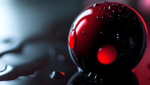 Glossy black and red sphere with water droplets, modern abstract style.