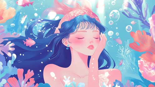 Serene underwater girl portrait with coral and pastel fish.