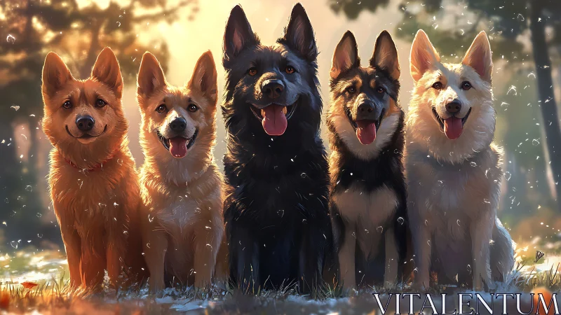 Digital painting of five shepherd dogs in backlit forest composition.