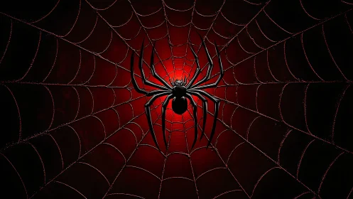 Radial red spider web with central black arachnid silhouette