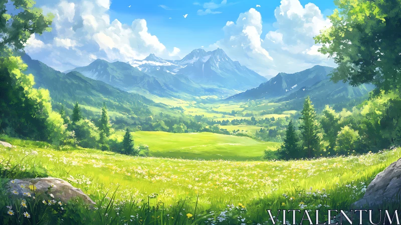 Sunlit alpine meadow opens toward distant blue mountains.