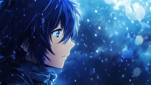 Blue haired anime boy in profile under falling snow.