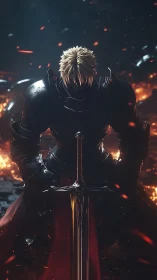 Armored knight with sword amid embers in dark setting.