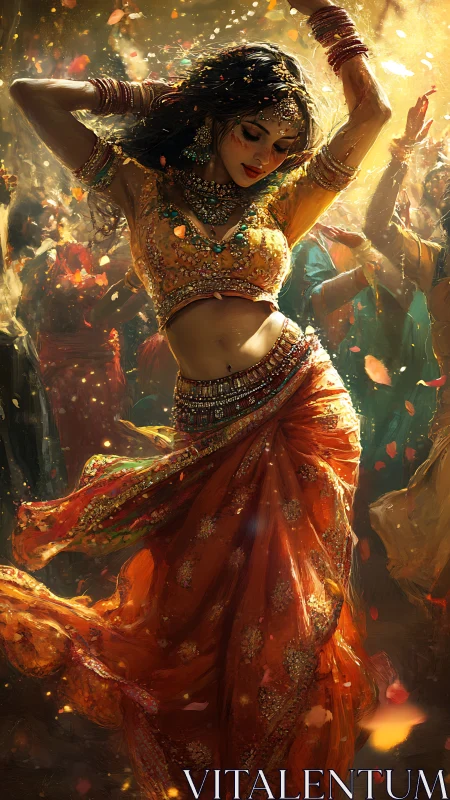 Joyful festival dancer glowing in swirling golden light.