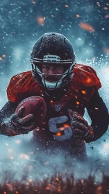 Blizzard-charged football runner driving forward through sparks.