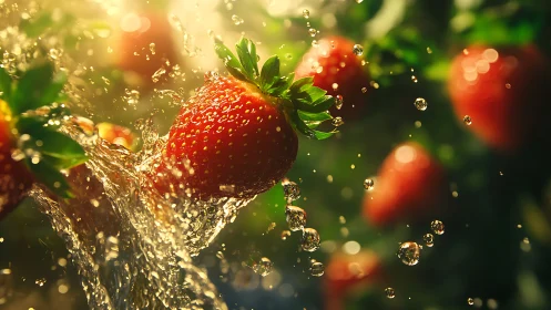 High-speed macro capture isolates sunlit strawberries in dynamic splash