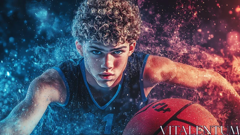 Intense young basketball player drives ball through neon mist