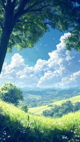 Sunlit hillside meadow frames expansive pastoral valley view