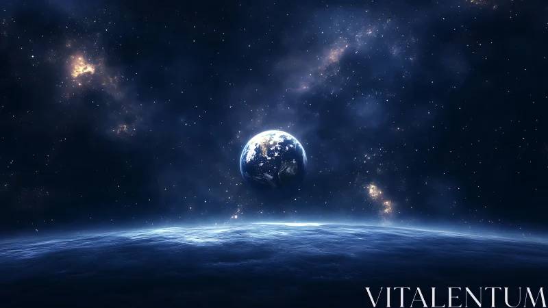 Distant Earth above horizon in deep star-filled space.