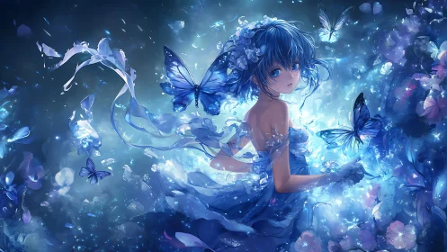 Luminous blue-haired girl amid ethereal butterfly bloom.