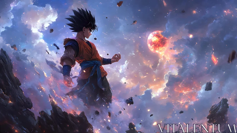 Starlit warrior adrift in a shattered cosmic sunrise.