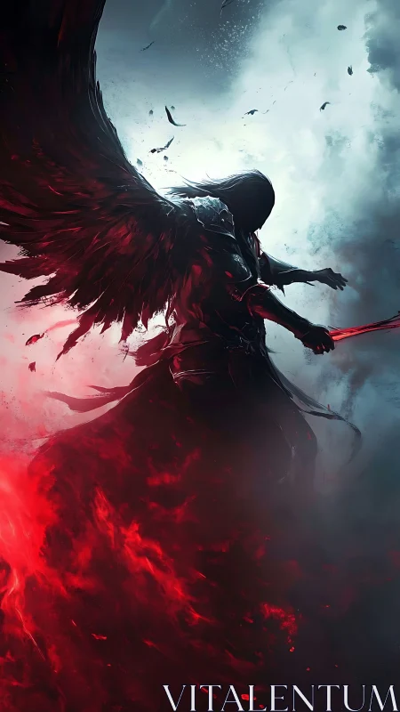Dark winged warrior rises through red infernal storm