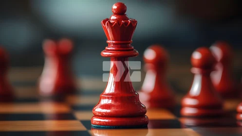 Red Queen Chess Piece in Focus on Classic Chessboard, Artistic Style.
