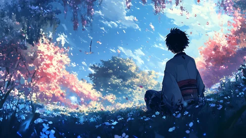 Backlit kimono figure observing high-saturation spring canopy gradients