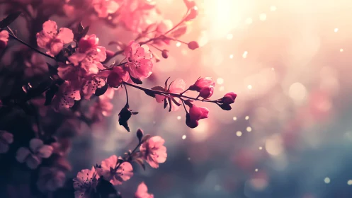 Backlit Pink Blossoms with Bokeh Depth and Luminous Atmospheric Haze