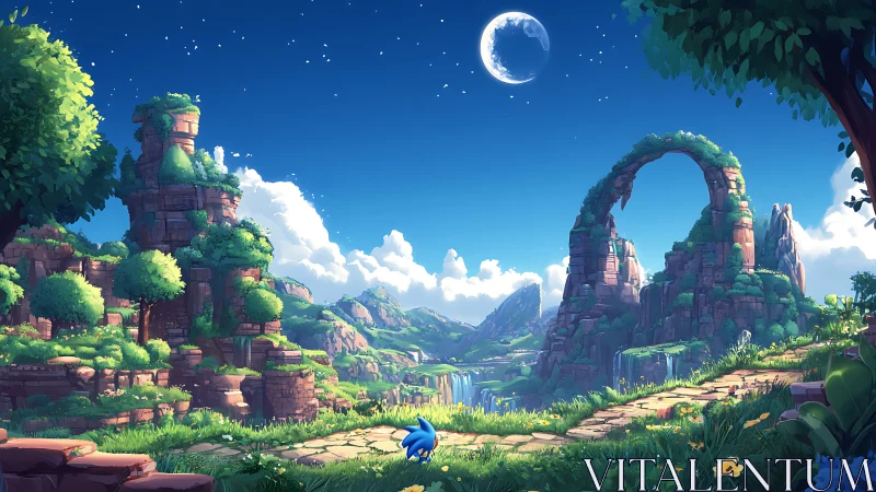 Moonlit ring cliffs cradle a tiny blue wanderer’s path