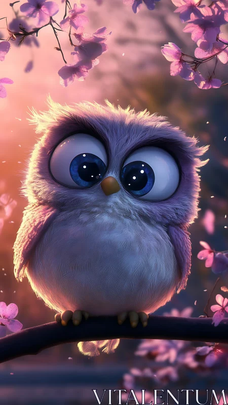 Cartoon owl with oversized eyes sits on branch at sunset