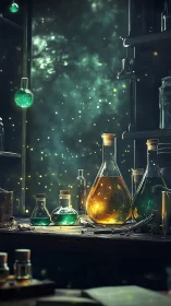 Star-lit alchemist’s bench with glowing elixirs and secrets.