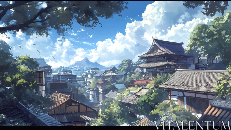Sunlit hillside town with layered traditional rooftops.
