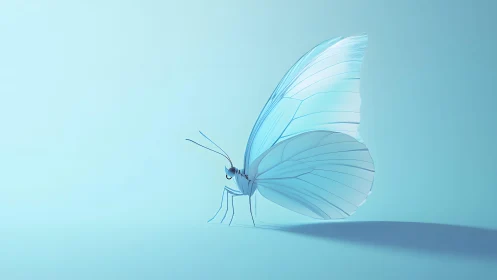 Minimalist pastel blue butterfly with translucent wings on soft background.