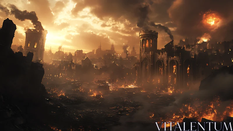 Burning medieval city under apocalyptic fiery skies.
