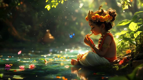Forest child of light serenades a butterfly by lotus water.