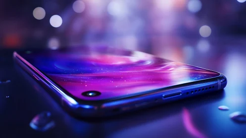 Futuristic smartphone with glowing gradient screen on desk.