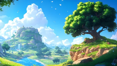 Sunlit fantasy valley with monumental tree and distant citadel