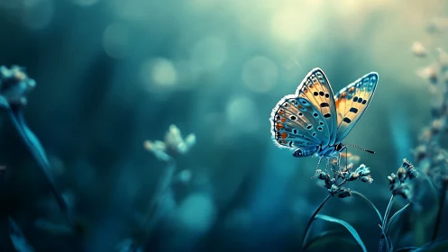 Iridescent butterfly poised in cool bokeh meadow light.