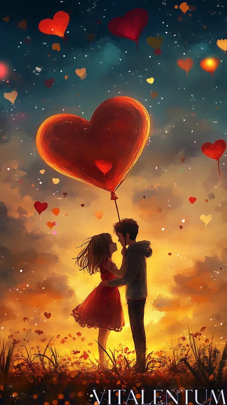 Two Hearts Soaring: Love Ascending Through Golden Skies.