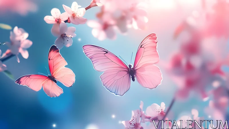 Blush winged butterflies drift through a dreamy blossom sky