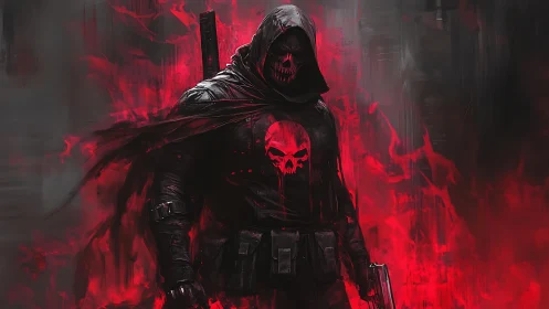 Hooded skull-masked vigilante emerges in red spectral flames