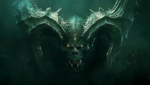 Horned skeletal demon head in dark green misted void.