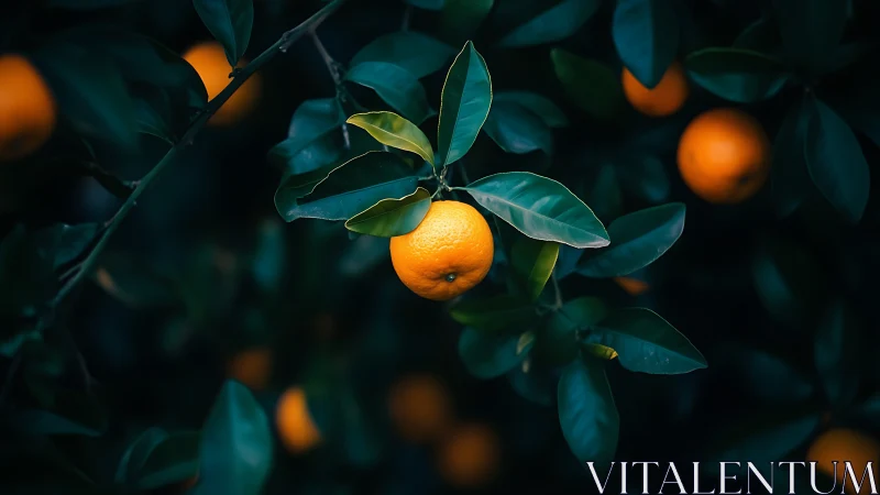 Ripe orange hangs amid dark glossy leaves in soft focus