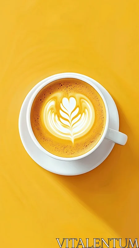 Top view latte art in white cup on solid yellow background.