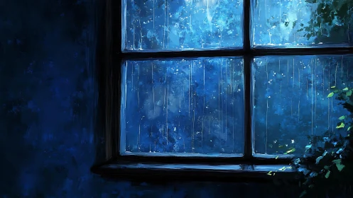 Nocturnal rainfall through windowpane with luminous foliage framing.