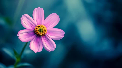 Pink Cosmos Flower with Yellow Center Against Teal Blur.