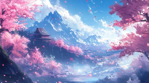 Blossom valley beneath snowcapped peaks at morning calm.