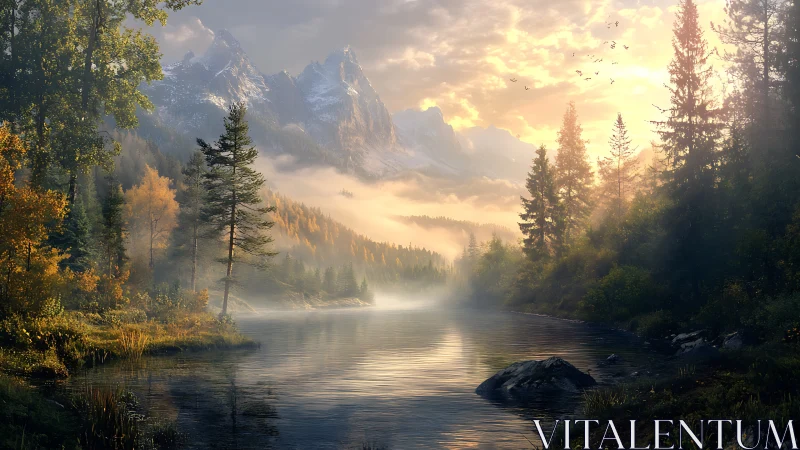Sunrise mist drapes a storybook lake beneath rugged peaks.