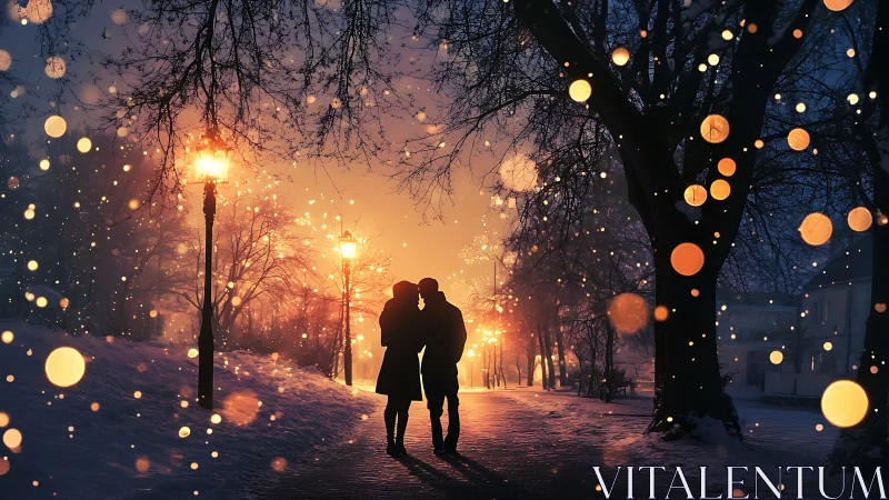 Magical Evening Kiss Under Glowing Winter Lights