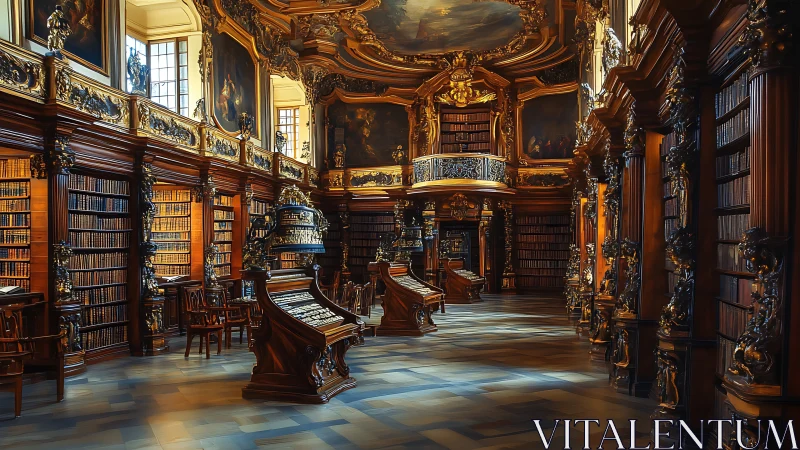 Sunlit baroque library where stories quietly shimmer.