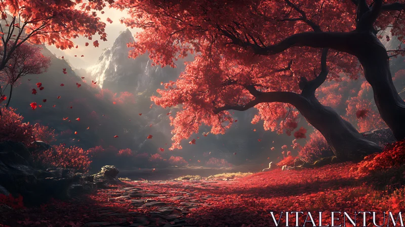 Crimson forest valley under snowcapped mountain light.